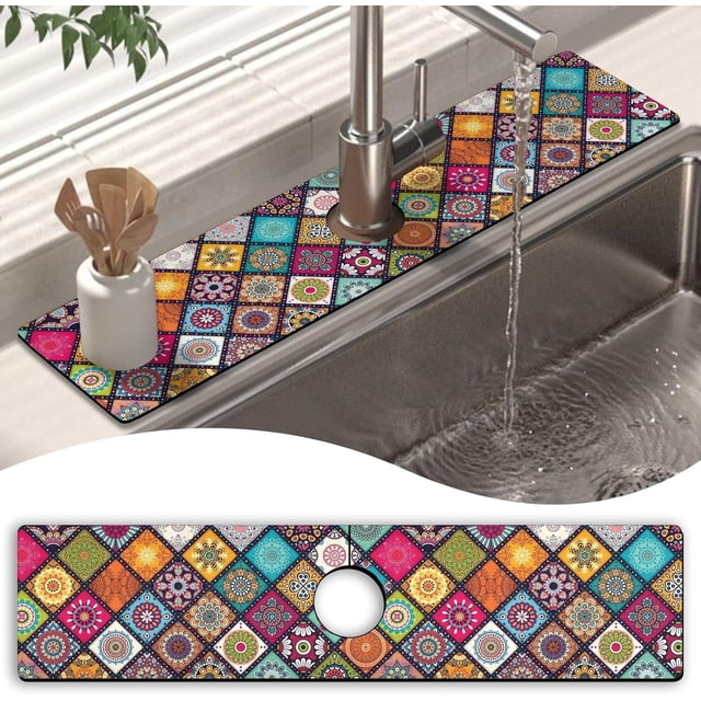 Kitchen Sink Splash Guard Faucet Mat 24" X 5.5" Mandala Absorbent Fast Drying Mat Faucet Draining Mat Sink Splash Guard Behind Faucet Drip Catcher for Kitchen Bathroom