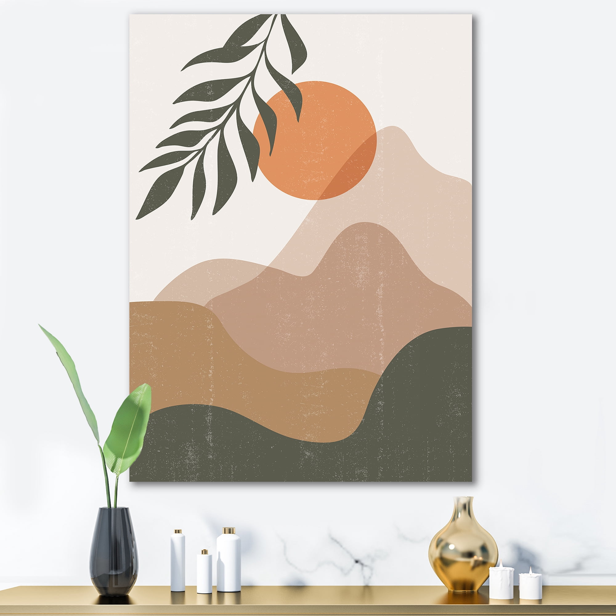 Designart ' Abstract Earth Toned Mountains With Red Moon I ' Modern Canvas Wall Art Print