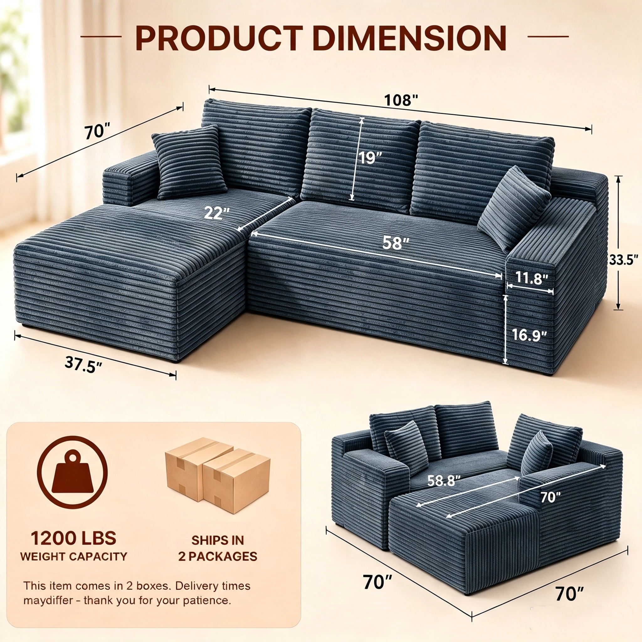 Aukfa 108" Cloud Sectional Sofa Oversized Boneless Couch Modular L-Shaped Sofa, Left Chaise Corduroy Sofa for Living Room, Dark Gray