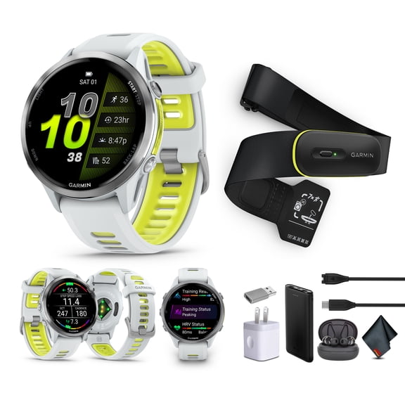 Garmin Forerunner 970 Running Smartwatch, GPS Fitness Watch For Men And Women, Titanium with Whitestone Case and Whitestone/Translucent Amp Yellow Band Access 600 Fitness Monitor, M-XL More
