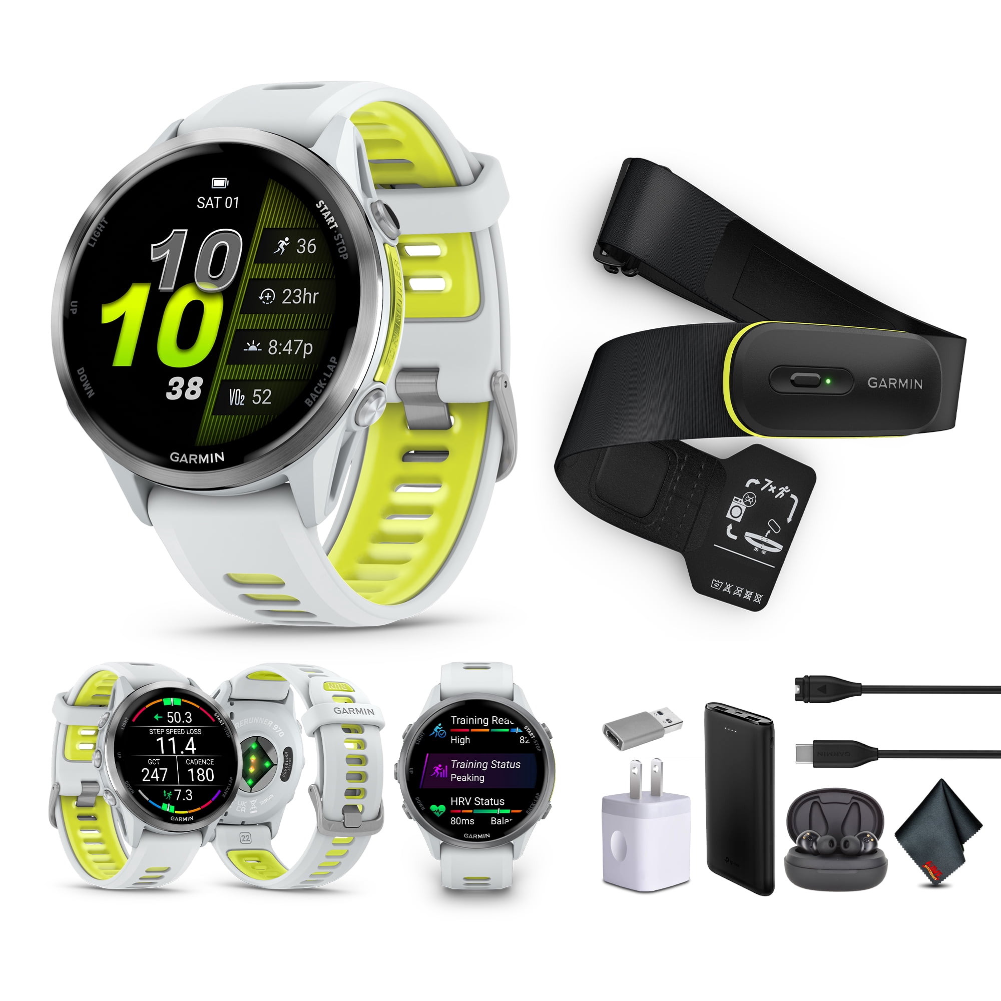 Garmin Forerunner 970 Running Smartwatch, GPS Fitness Watch For Men And Women, Titanium with Whitestone Case and Whitestone/Translucent Amp Yellow Band + Access 600 Fitness Monitor, M-XL + More