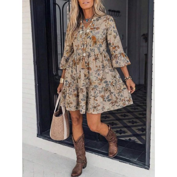 Multicolor Floral Print V-Neck Ruffled Hem Long Sleeve Mini Dress For Women Casual Summer Dress