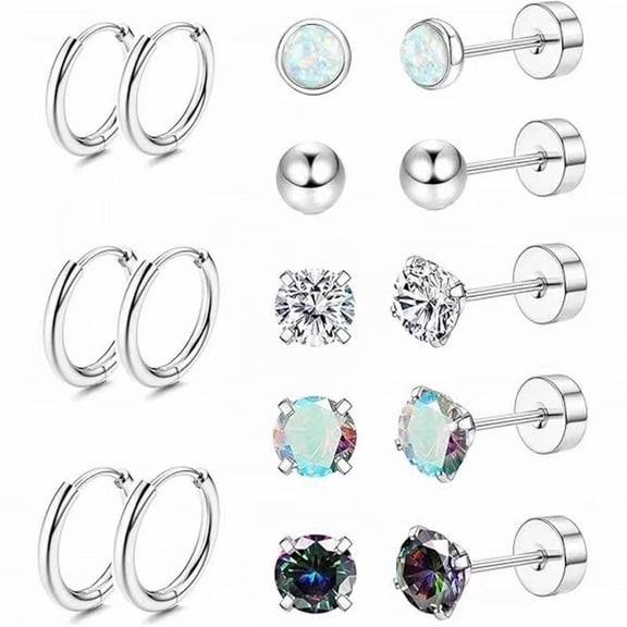 Miommo Surgical Earrings, 8 Pairs 20G Flat Back Stud and Hoop Earrings Set for Women Men, Round Zircon Hypoallergenic Earrings for Sensitive Ears and Multiple Piercing