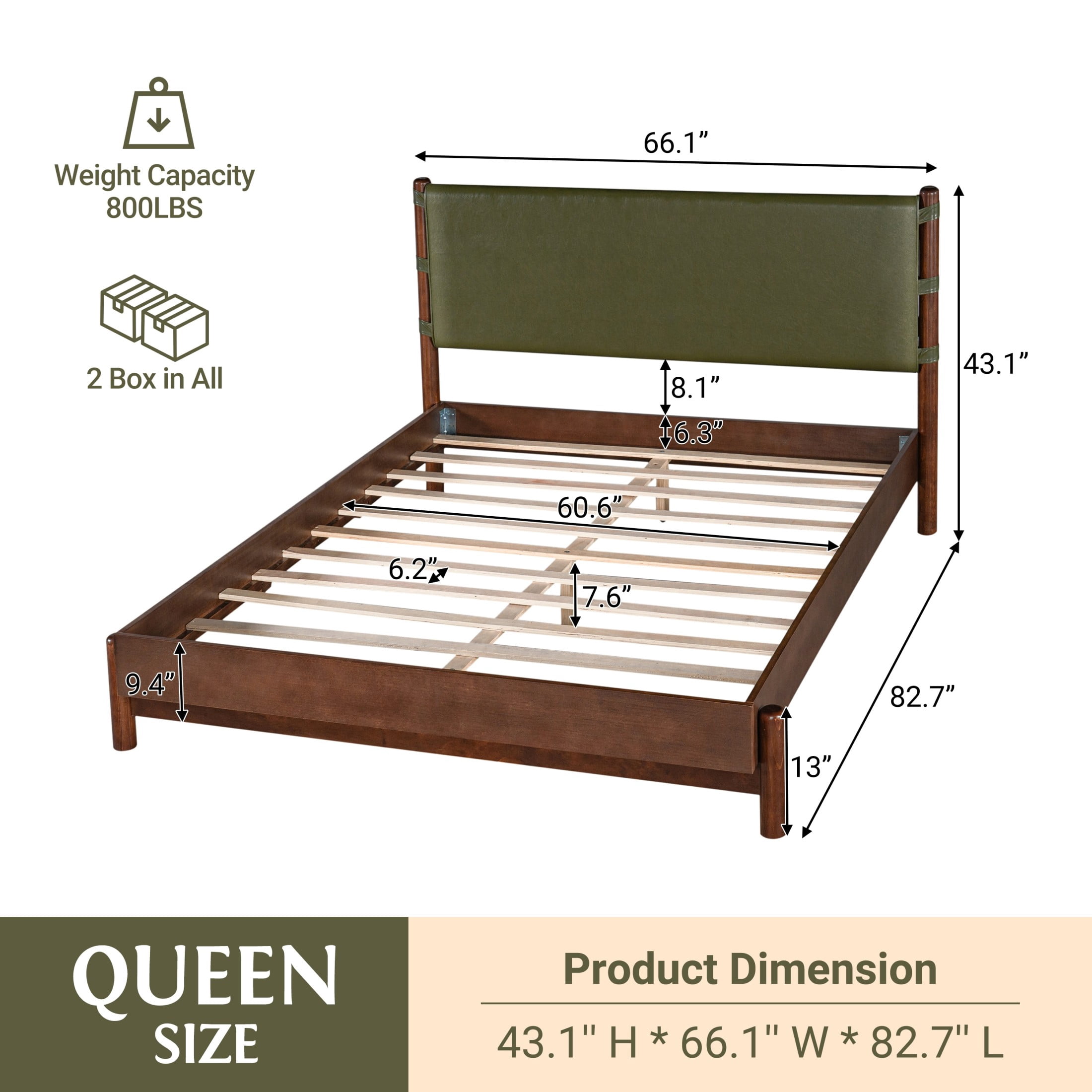 Christopher Knight Home Queen Modern Wood Platform Bed with PU Upholstered Headboard, Walnut+Olive