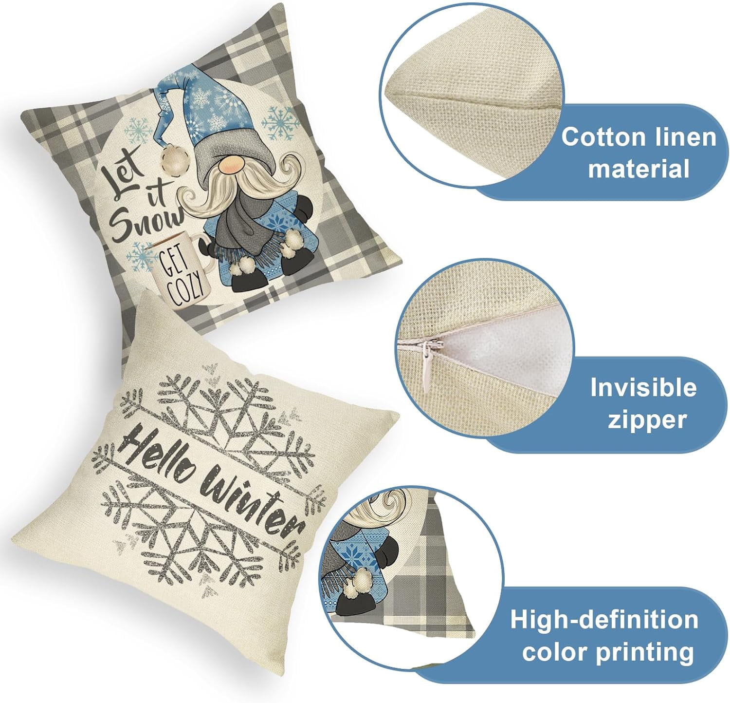 Hello Winter Gnome Grey Decorative Throw Pillow Covers 18 x 18 Set of 4, Warm Winter Wishes Snowflake Plaid Farmhouse Cushion Case Decor, Baby It''s Cold Outside Let It Snow Home Decoration