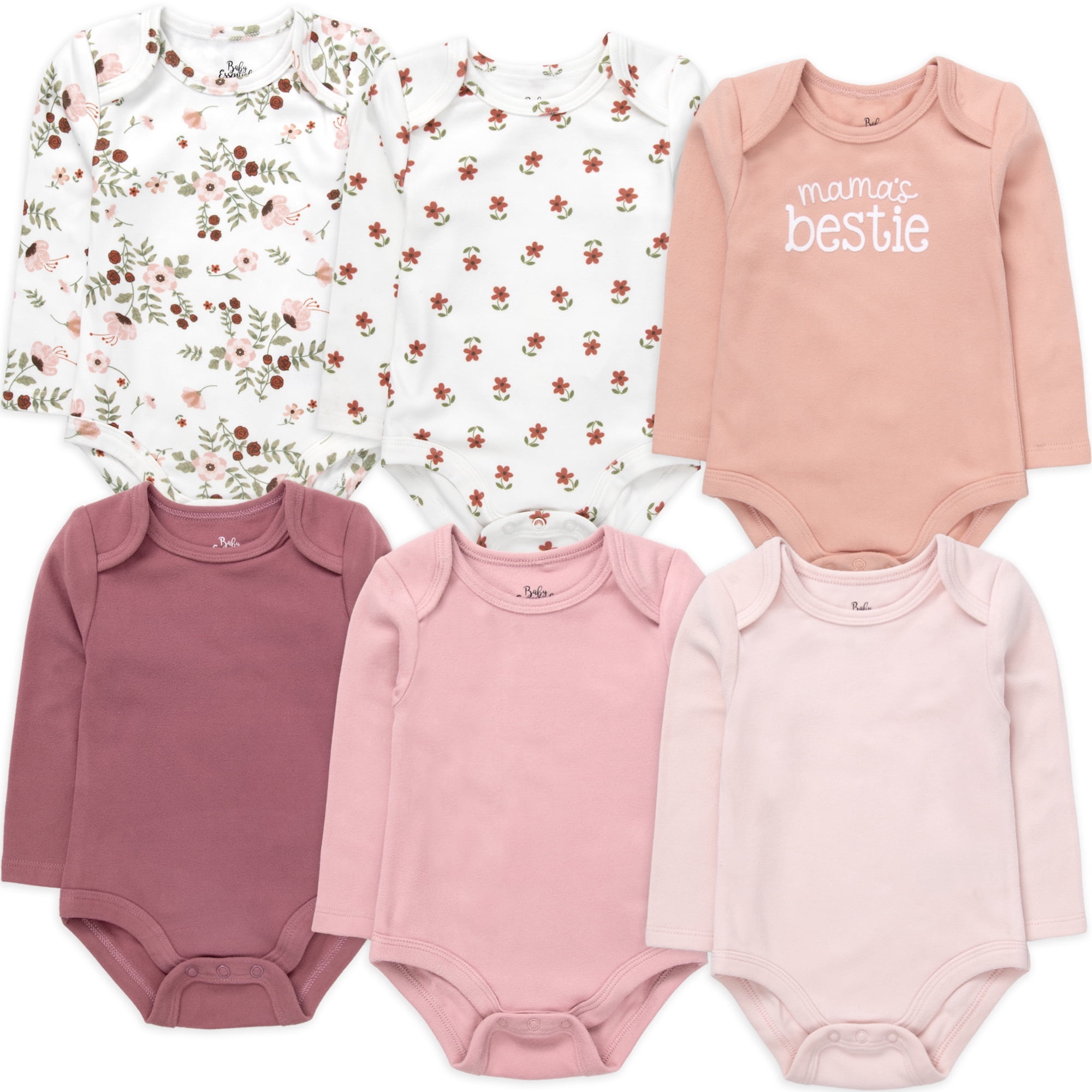 Baby Essentials Girls 6-pack Long Sleeve Bodysuits,Solid & Printed Designs, Soft Stretch Polyester Spandex, Snap Closure (Newborn,Mama's Bestie Pink)