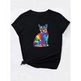 thumbnail image 4 of T-Shirt Décontracté à Manches Courtes pour Femmes, Imprimé Artistique Chat Mignon Éclaboussures, Mode Col Rond, Tee pour la Fête des Pères, Fête des Mères, Nouvel An, Festival de Printemps, Saint-Valentin, Fête de l'Indépendance, 4 of 8