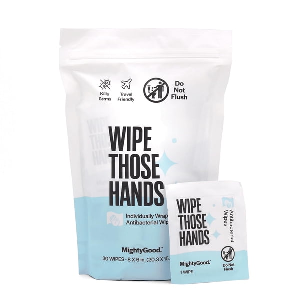Toallitas sanitizantes para manos MightyGood. Paquete de 30, sin alcohol