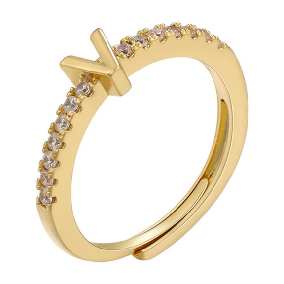 HUANLEDASH Finger Ring Adjustable Opening 26 Alphabet Faux-diamond-set Geometric Inlay Sparkling Letter Band Ring Daily Wear