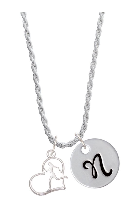 Two-tone Runner Silhouette in Heart Silvertone Script Initial Disc - N - Charm Necklace, 20"+3"