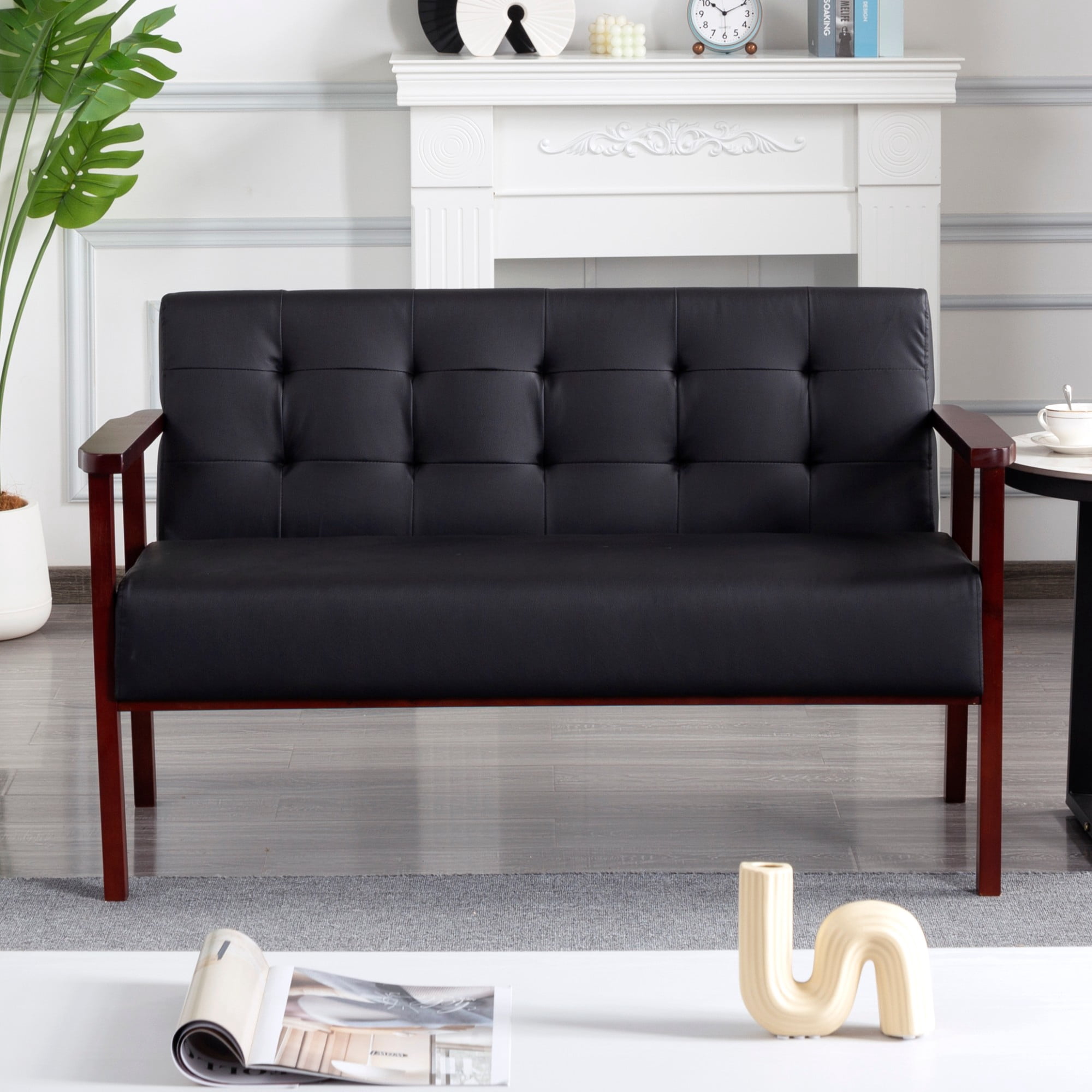 Gewnee Cedar Wood Loveseat, Black PU Upholstery, Tufted Back, 300LBS per Seat, Non-Slip Pads, for Living Room, Home Office, Den