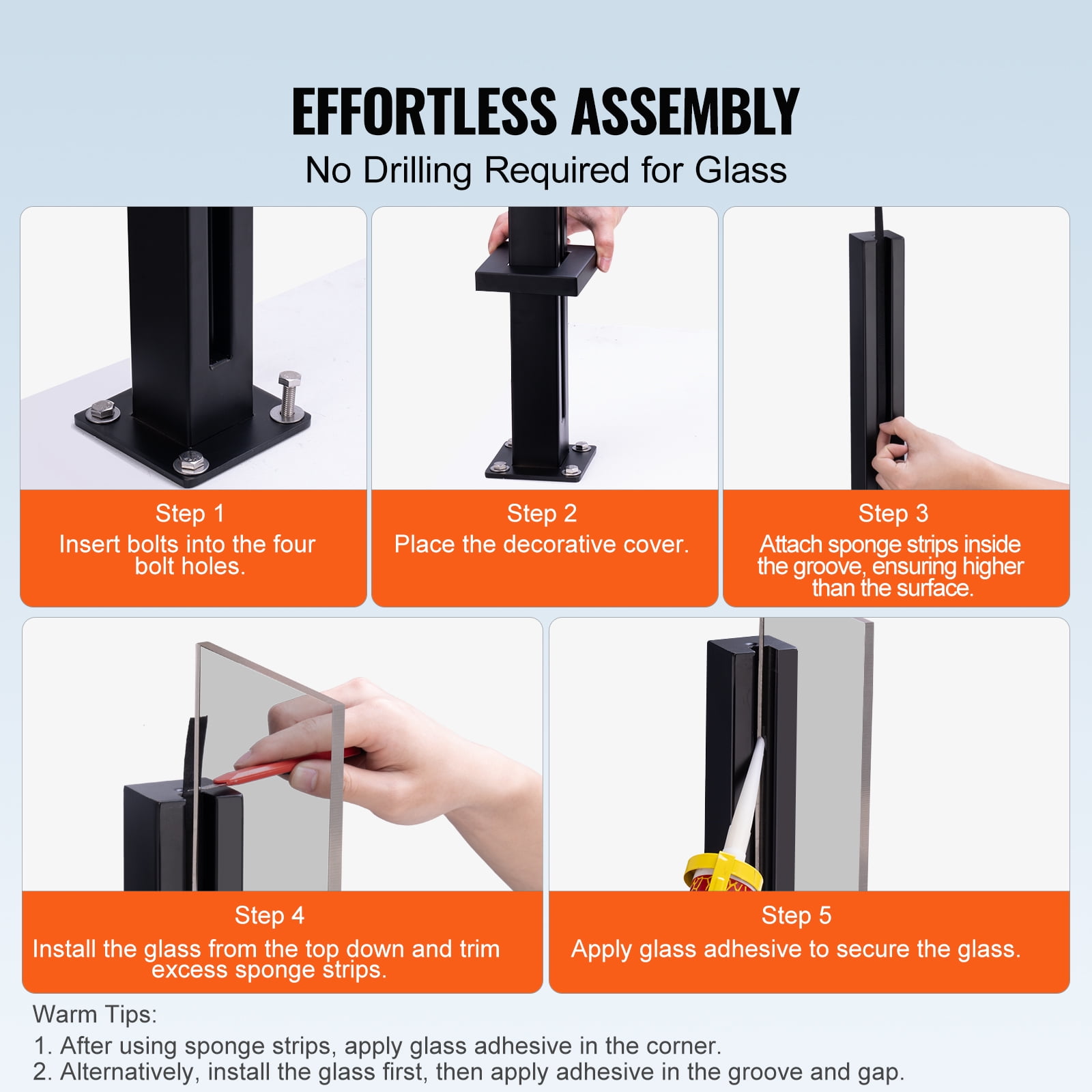 VEVOR Glass Clamp, 41.34" Height Glass Railing Bracket for 0.39 "-0.47 " Thickness Tempered Glass, 304 Stainless Steel Glass Mounting Clamp, Glass Shelf Bracket for Balcony,Garden,Deck,Stair,Black