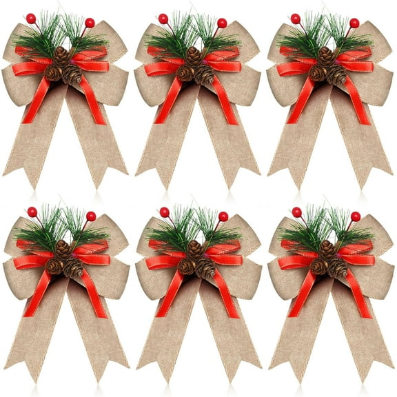 Dalrosia 6PCS Christmas Bows with Pine Cones Pine Needles Xmas Buffalo Plaid Bows Black White Plaid Ribbon Christmas Tree Wreath Decoration for Xmas Parties Indoor Outdoor Crafts DIY Decor