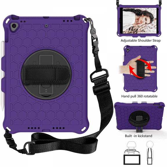 For 2019 iPad Air 10.5, iPad Pro 10.5" Case, Case with Screen Protector, Swivel Stand, Hand Strap and Shoulder Strap Pen Holder for Everyday Use - Purple