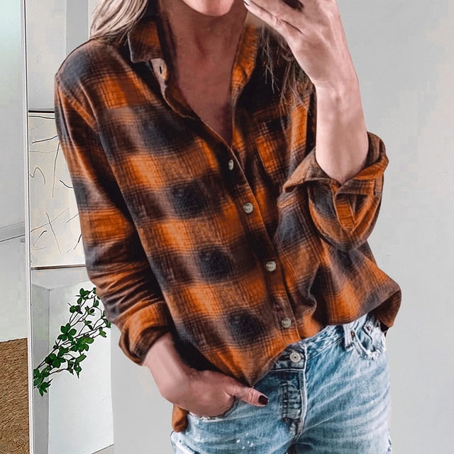 UVEASISHA Womens Button Down Plaid Shirt Dressy Casual Long Sleeve Collared Shacket Jackets Fall Lightweight Trendy Office Work Shirts with Pocket Spring Sales,Orange,L