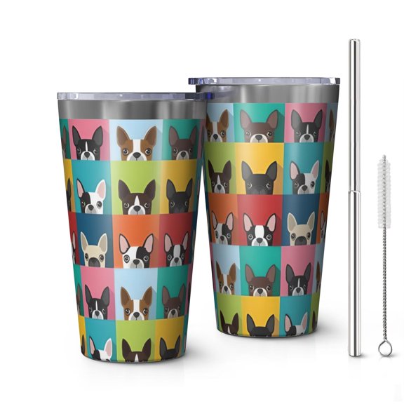16oz Tumblers Boston Terrier Stainless Steel Vacuum Insulated Double Wall Travel Tumbler Cups Mug with Lid and Straw,Cleaning Brush for Coffee,Tea