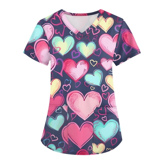 Garbnen Valentine Scrub Top Plus Size Love Print Short Sleeve V Neck Workwear Tops for Women with Pocket Stretch Scrubs Women S-5XL