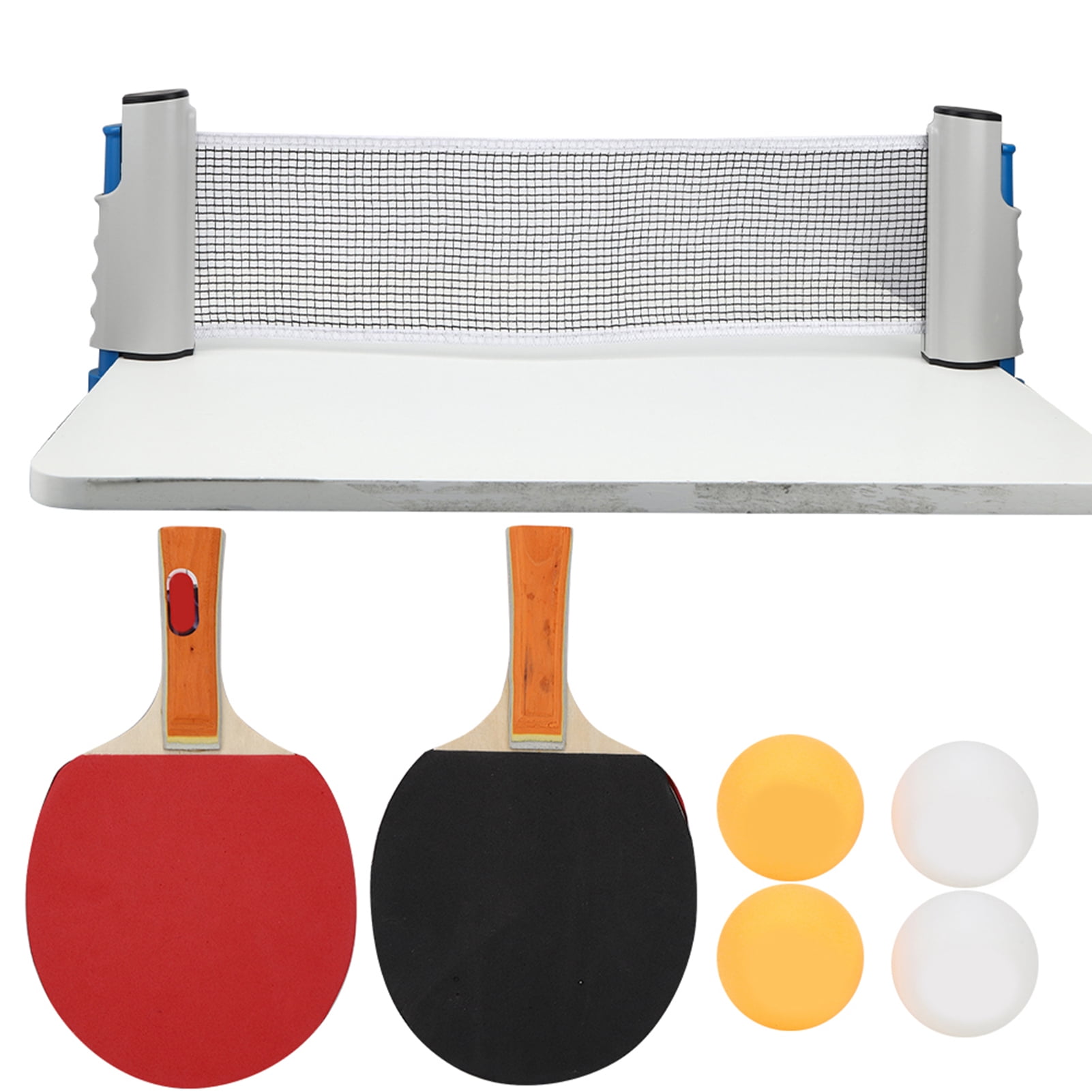 Regail Portable Table Tennis Set with Telescopic Net Rack, 2 Paddles and 4 Ping Pong Balls, Training Accessories, White and Blue, 9.84 inches / 25 cm