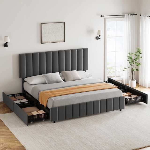 King Linen Upholstered Platform Bed Frame with 4 Storage Drawers, Adjustable Headboard, Wooden Slats Support, No Box Spring Needed, Grey