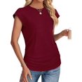 thumbnail image 1 of Womens Summer Tops Ruched Cap Short Sleeve Tshirts Shirts Crew Neck T Shirts Fashion Wine red L, 1 of 6