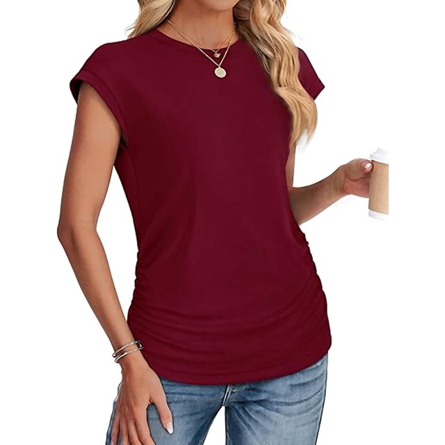 Womens Summer Tops Ruched Cap Short Sleeve Tshirts Shirts Crew Neck T Shirts Fashion Wine red L