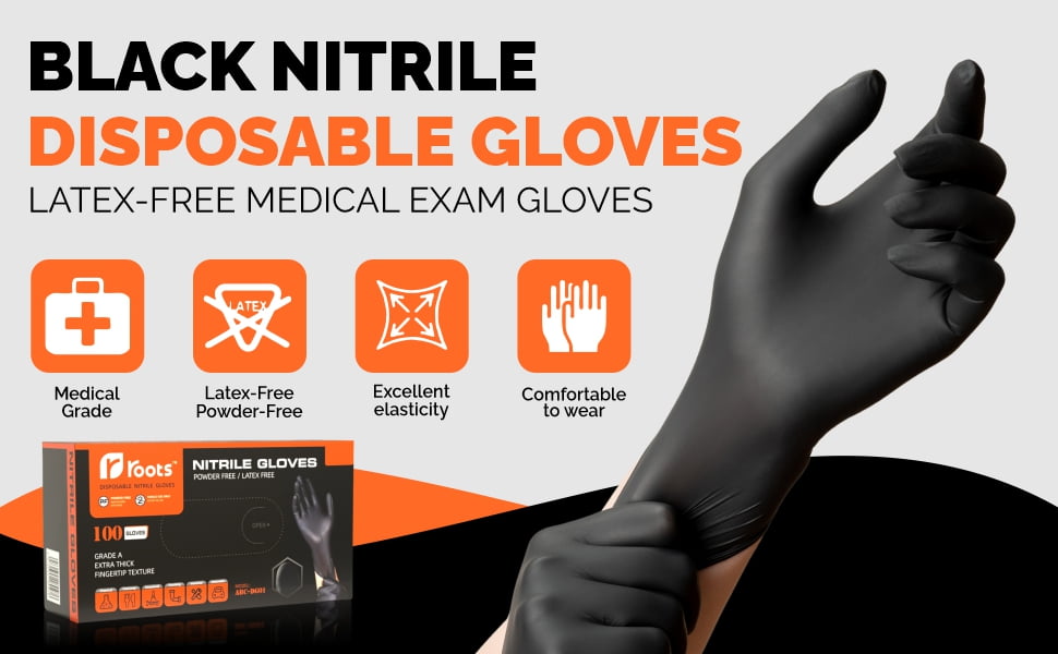 Roots Latex-Free Nitrile Disposable Gloves Box Set, Black, 100 Count