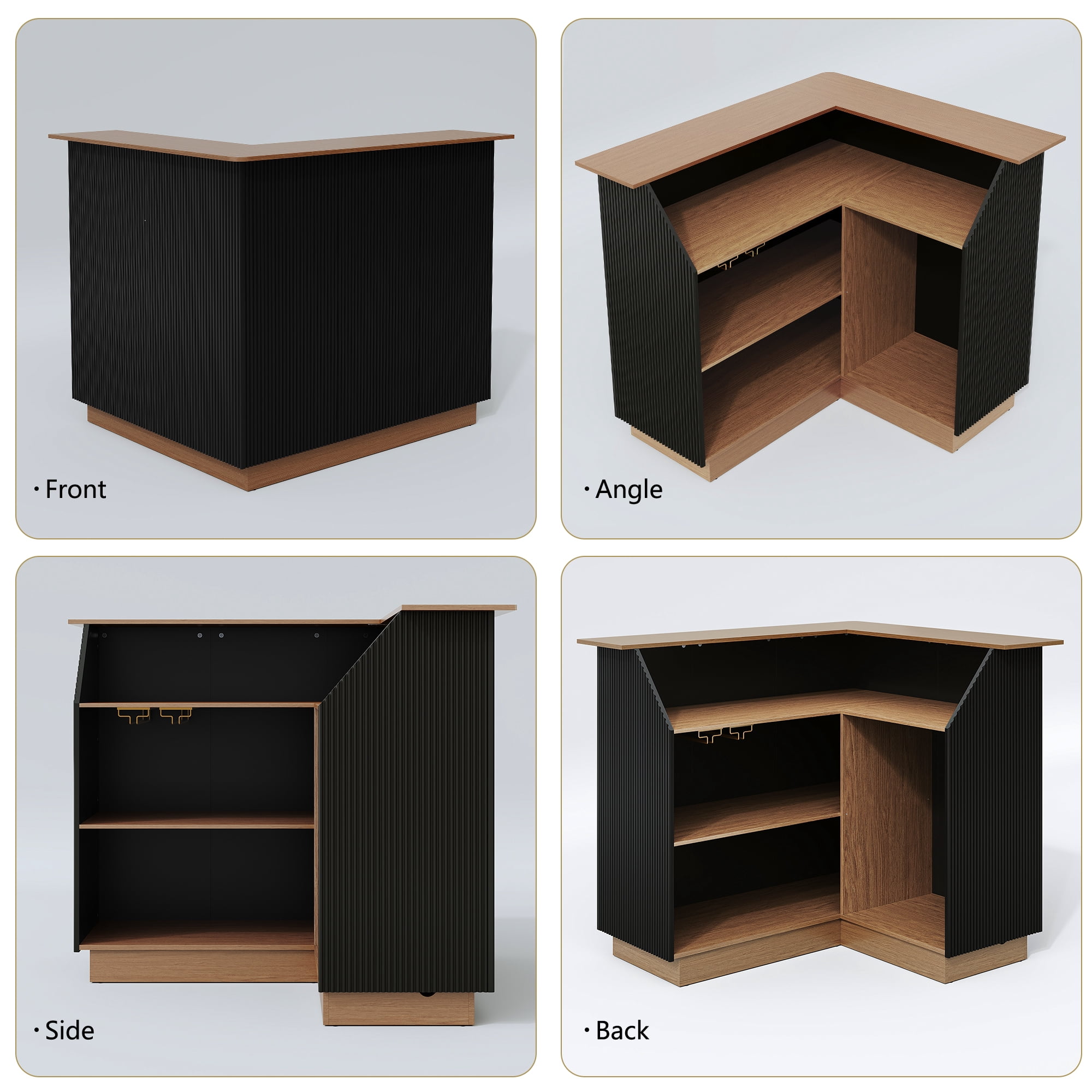 HLR L-Shaped Home Bar Cabinet with Fridge Space, 4-Tier Corner Bar Unit Wine Cabinet with Storage, Black