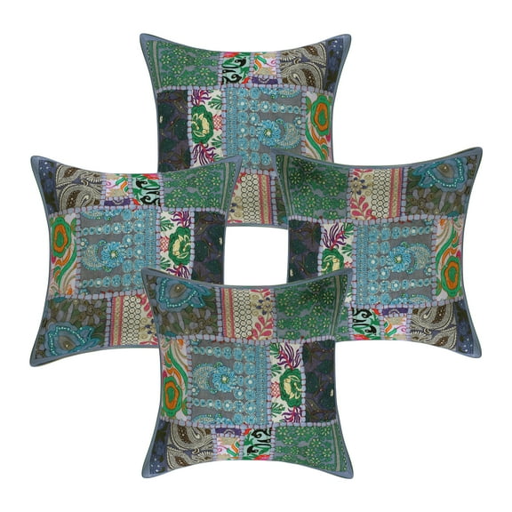 Stylo Culture Indian Cotton Living Room Throw Pillow Sham Covers Grey 12x12 Bohemian Vintage Patchwork Indian Couch Cushion Covers 30 x 30 cm Decorative Abstract Square Pillowcases | Set Of 4