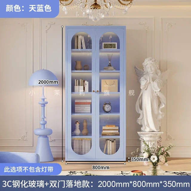 Estantería de hierro forjado con viento crema, puerta de vidrio, armario para sala de estar, vitrina de almacenamiento sencilla para el hogar, armario de suelo