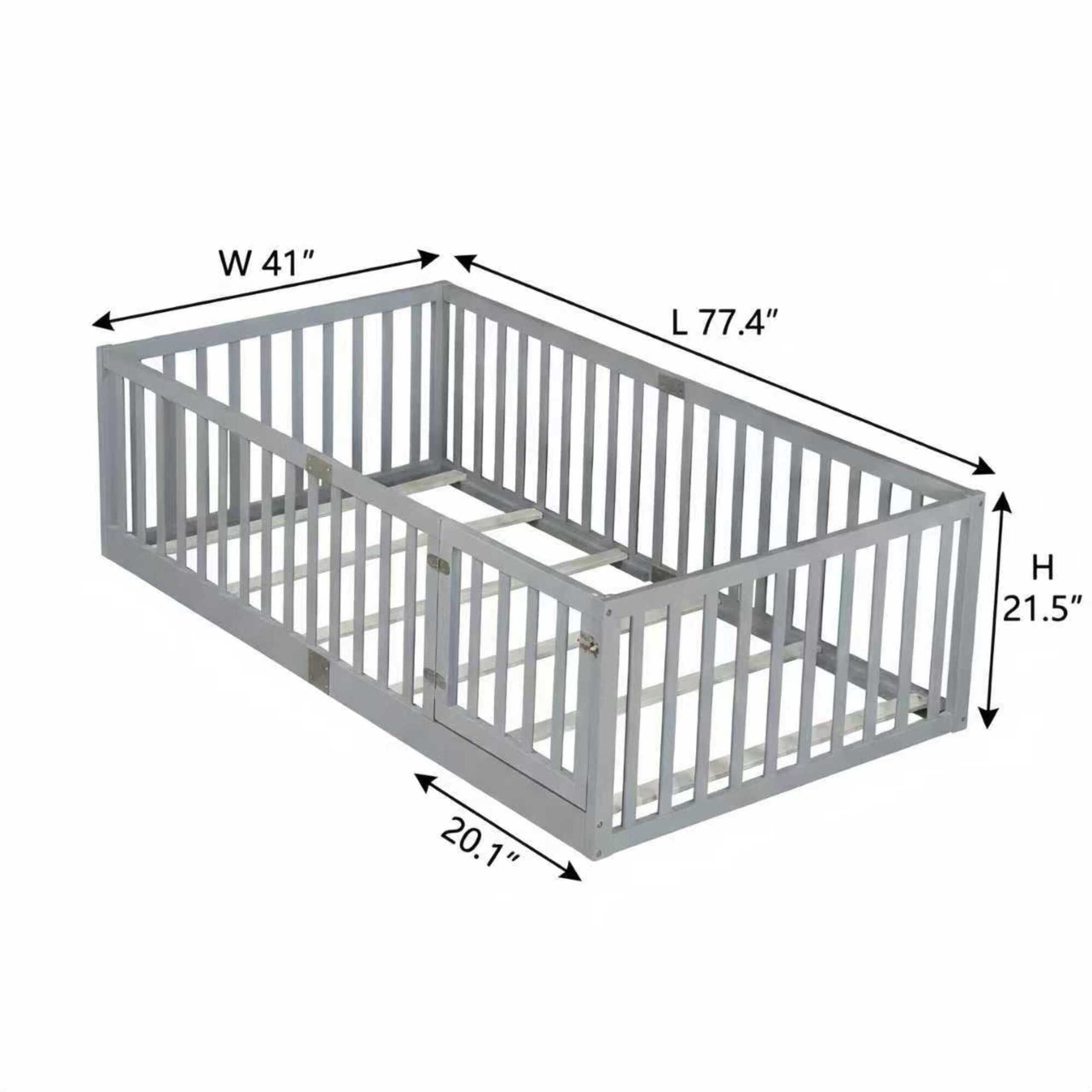 Noble House Alista Twin Size Rubber Wooden Floor Bed with High Safety Fence Guardrails and Door, Grey
