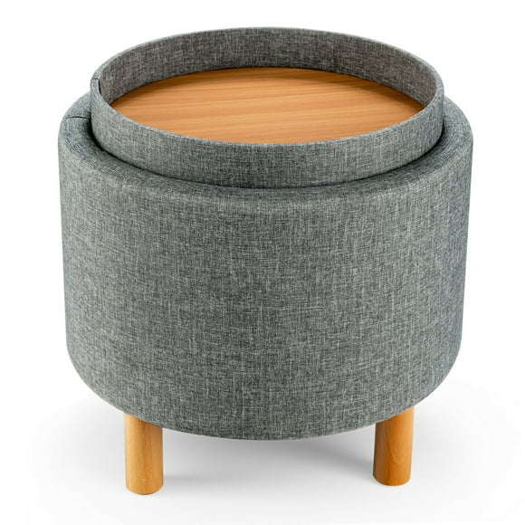 Gymax Round Storage Ottoman w/Tray Top Accent Padded Footrest w/Wood Legs Grey