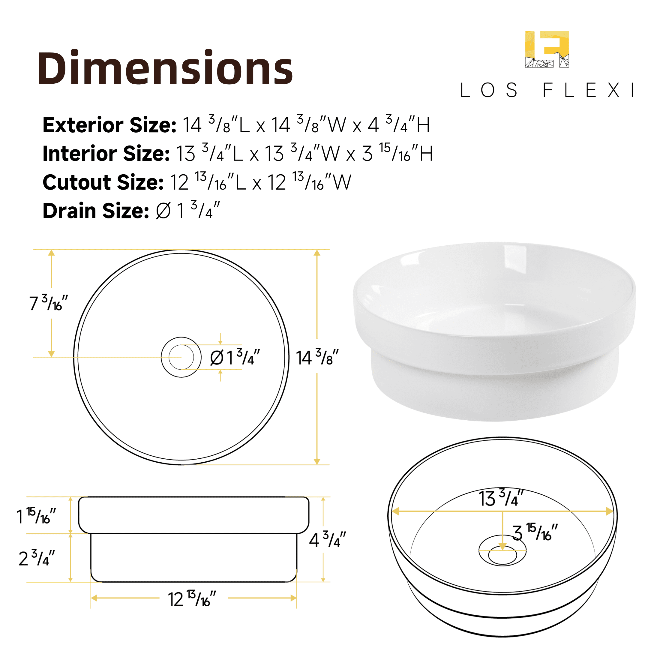 Los Flexi 14" Round Ceramic Semi-Recessed Bathroom Sink without Overflow, White Vessel Basin with Glossy Scratch-Resistant Finish, Drop-In or Countertop Installation