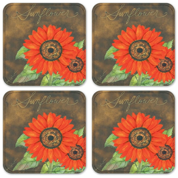 Vinyl Drink Coasters - Set of 4 - Red Sunflower