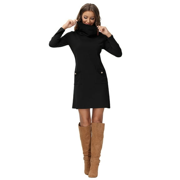 Sociala Women's High Neck Slim Dress Basic Long Sleeve Fall Dress with Pockets