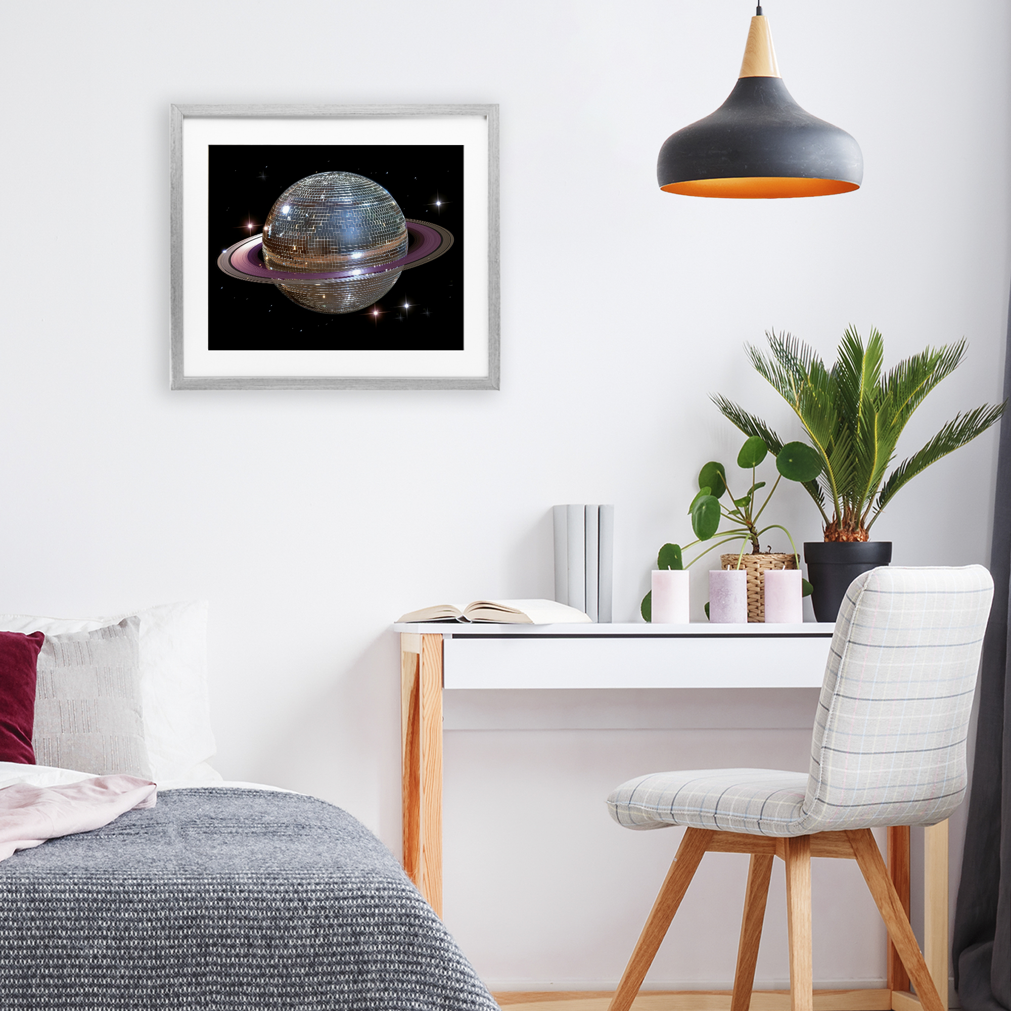 Purple Disco Ball Planet Gray Framed Print Under Glass, design by Decent Exposures