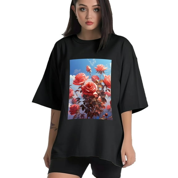 Plus Size Shirt for Women Black Tops for Women Short Sleeves Shirt for Women Red Rose And Sky3 T Shirt Crewneck Shirt for Women XS