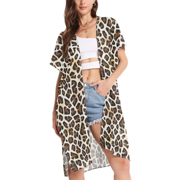 joogoo Women's Leopard Animal Skin Beach Cover Up Kimono Swimsuit Summer Cardigan Swimwear S