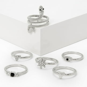 Claire's 6 Piece Silver Rings Set Fits Size Small/Medium Snake and Msytic Stars