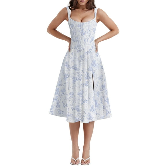 Summer Casual Corset Midi Dress for Women Sleeveless A-line Split Slit Flowy Boho Floral Dresses with Pockets