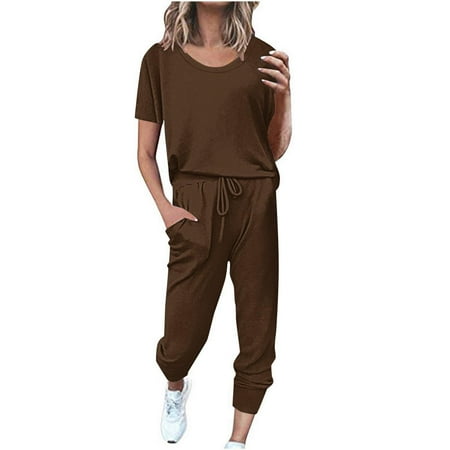 LMKIHUSA Womens Casual Sets Outfits Women Summer Two Piece Outfits Solid Color Short Sleeve Crewneck Pullover and Elastic Drawstring Long Pants Tracksuit Travel Pajama Lounge Set Brown L