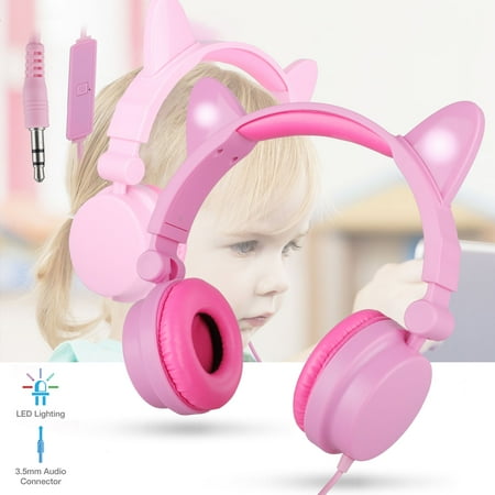 TSV On Ear Stereo Folding Headphones with Microphone & Flash Light for Kids Childs Teens, Lightweight Adjustable Durable Earphones Compatible iPhone iPad MacBook Computer MP3/4 GamingTablet etc