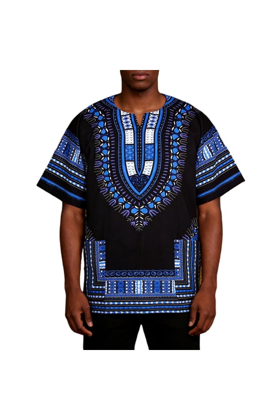 Dashiki Shirts for Men and Women Traditional Unisex Bright African Tee Tops Plus Size African Tribal Kaftan Boho Vintage Short Sleeve Cotton Couple Tops Royal Blue 2XL