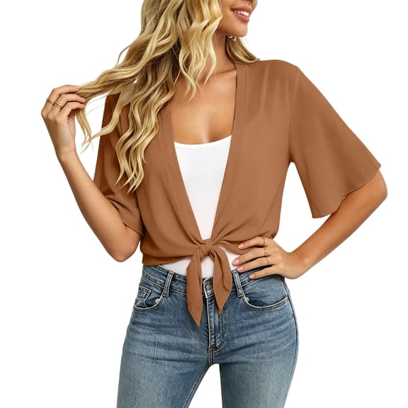 Lumtrix Womens Shrugs for Summer Cropped Cardigan Flared Short Sleeve Open Front Sheer Shawl Cardigans Lightweight Chiffon Bolero Light Brown M