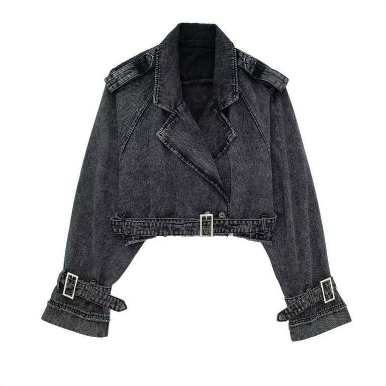 Meichang Cropped Jean Jacket Women with Belt Long Sleeve