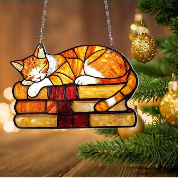 Orange Cat on The Books Acrylic Hanging Decor, Book Lover Gift Acrylic Window Hanging, Cat Mom Gift, Cat Gifts,Librarian Gift For Book Lover