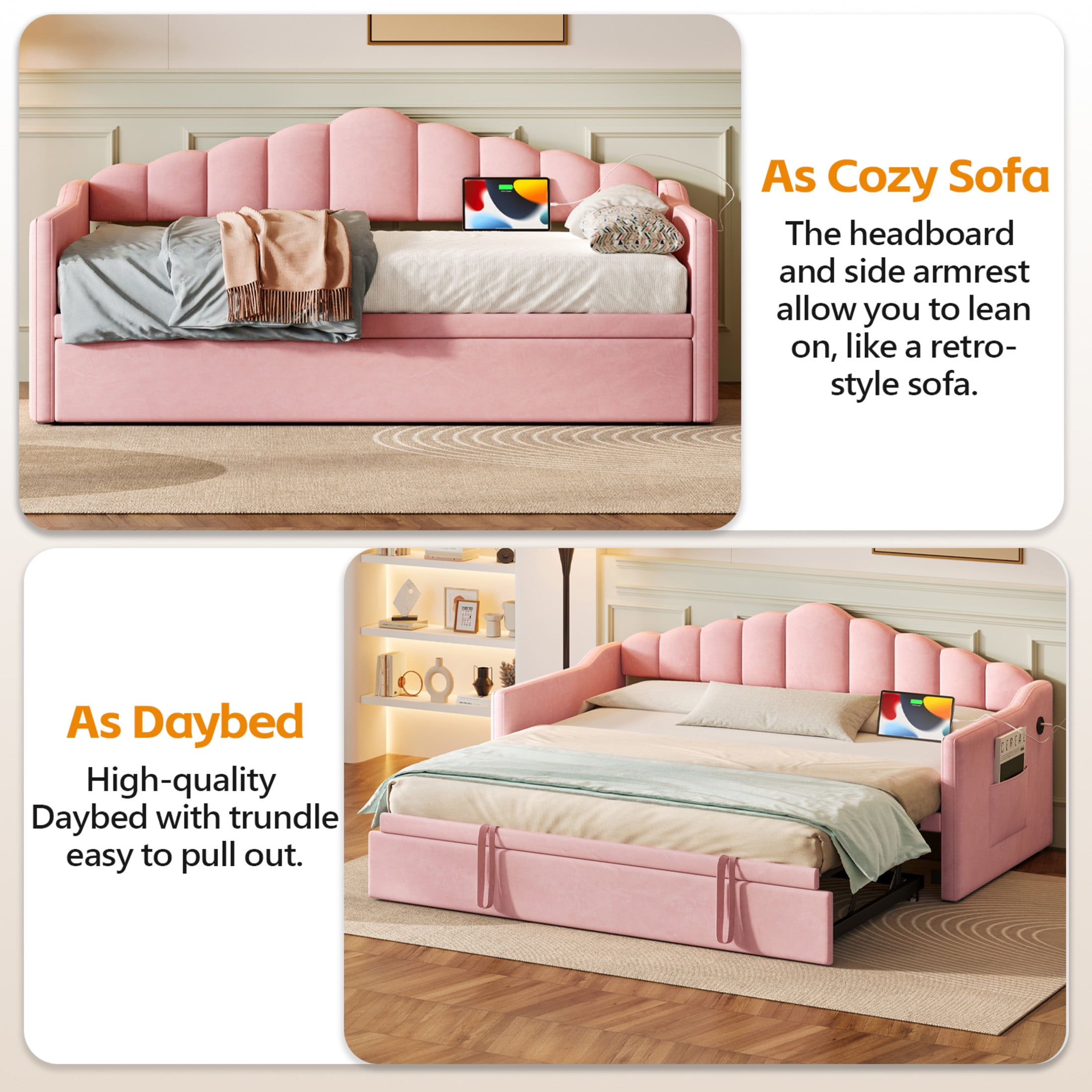 Noble House Upholstered Twin Size Daybed with Adjustable Height Pop Up Trundle Twin Bed and Charging Port 2 Side Pockets,Pink