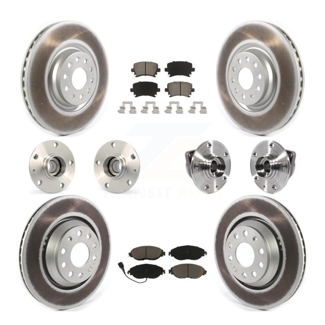 Transit Auto Front Rear Hub Bearings Assembly Coated Disc Brake Rotors and Ceramic Pads Kit (10Pc) for Car Volkswagen GTI - Left Right Side (Driver Passenger) KBB-120656