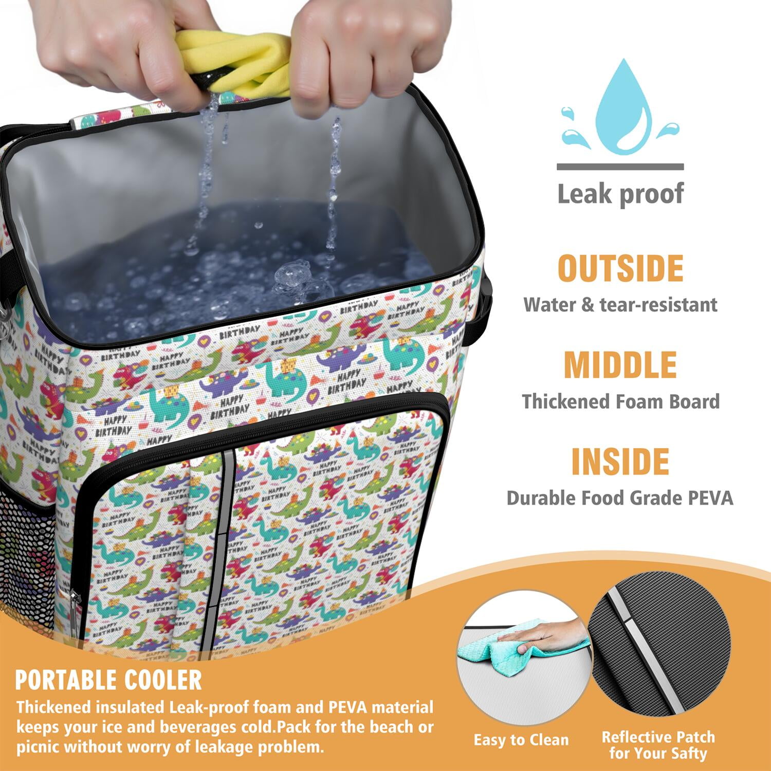 Travel Cooler Bag - Colorful Dinosaurs Birthday Text Pattern Camping Beer Cooler Backpack with Bottle Opener- Waterproof Insulated Picnic Backpacks - Cooler Bag for Beach