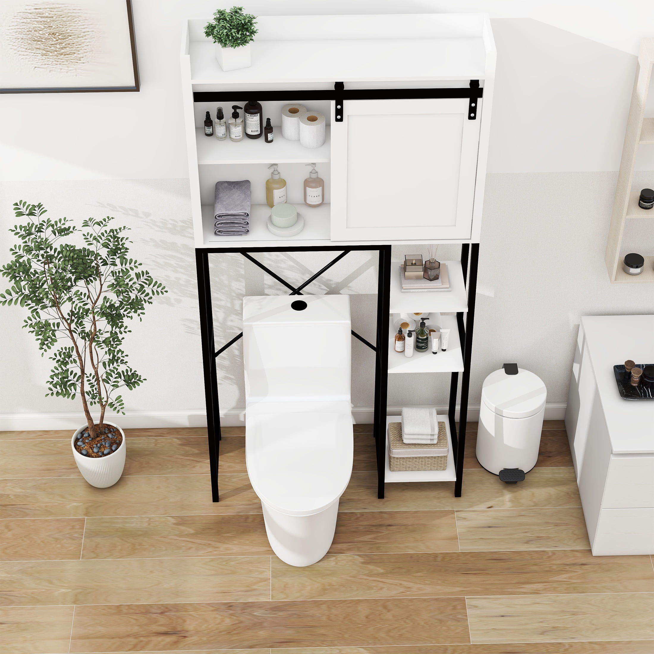 PAPROOS Over the Toilet Storage Cabinet, Bathroom Space Saver Organizer above Toilet with Adjustable Shelf and Side Storage Rack, White+Black