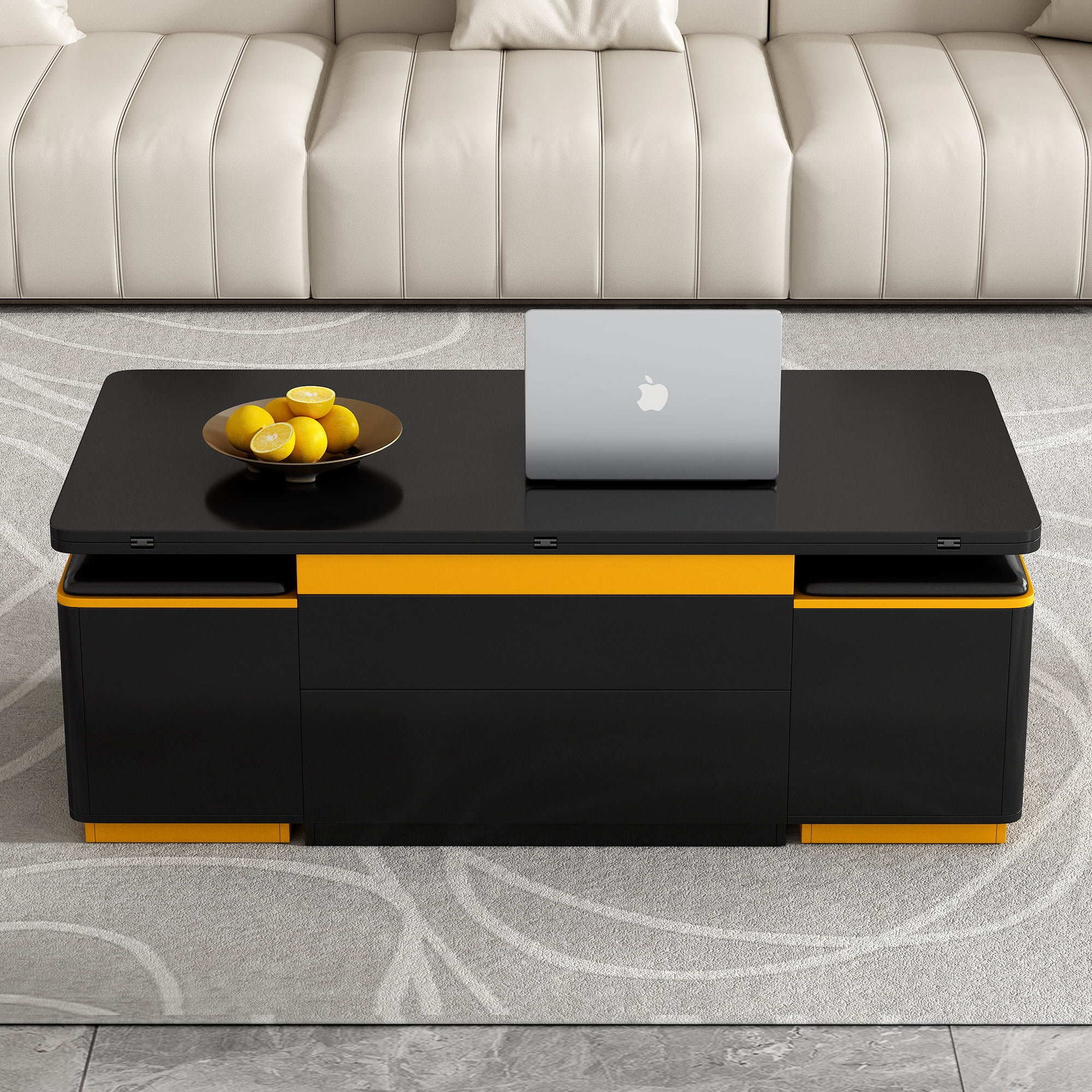 Mintazer Lift-Top Coffee Table with 4 Storage Stools, 3-in1 Adjustable Center Table for Living Room, Black